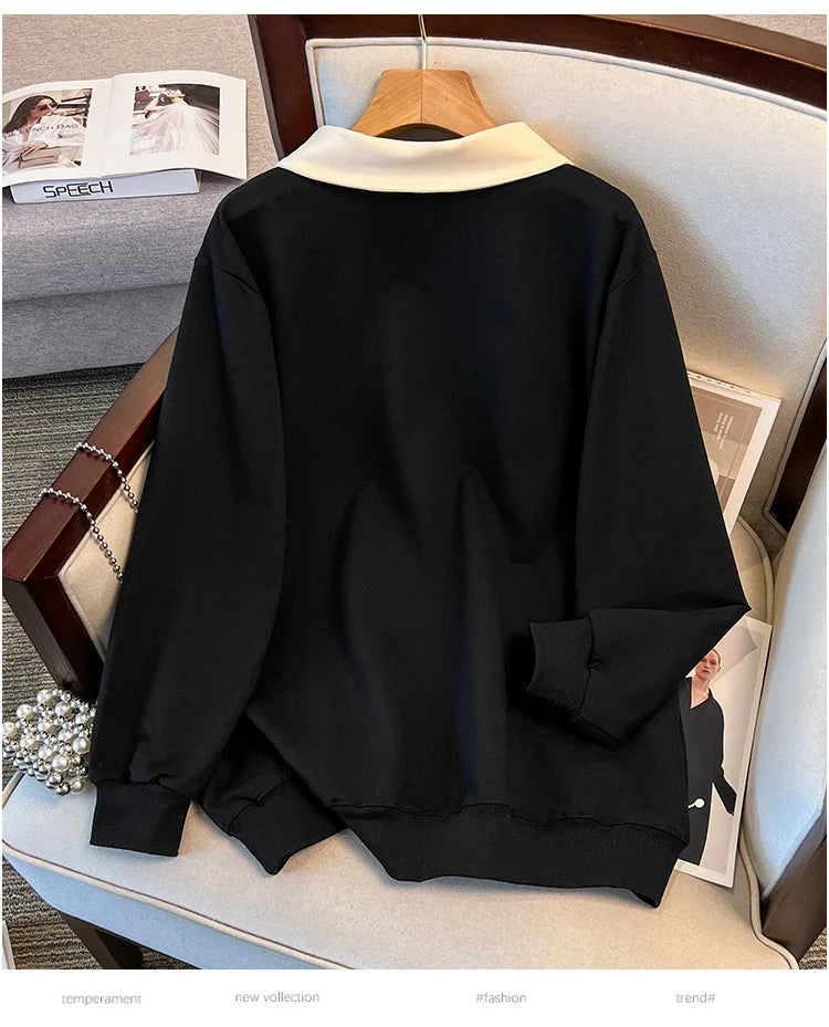 170 kg Plus Size Damen-Büste 170 Frühling Herbst Loose Diamond Collared Sweatshirt Schwarz 4XL 5XL 6XL 7XL 8XL 9XL