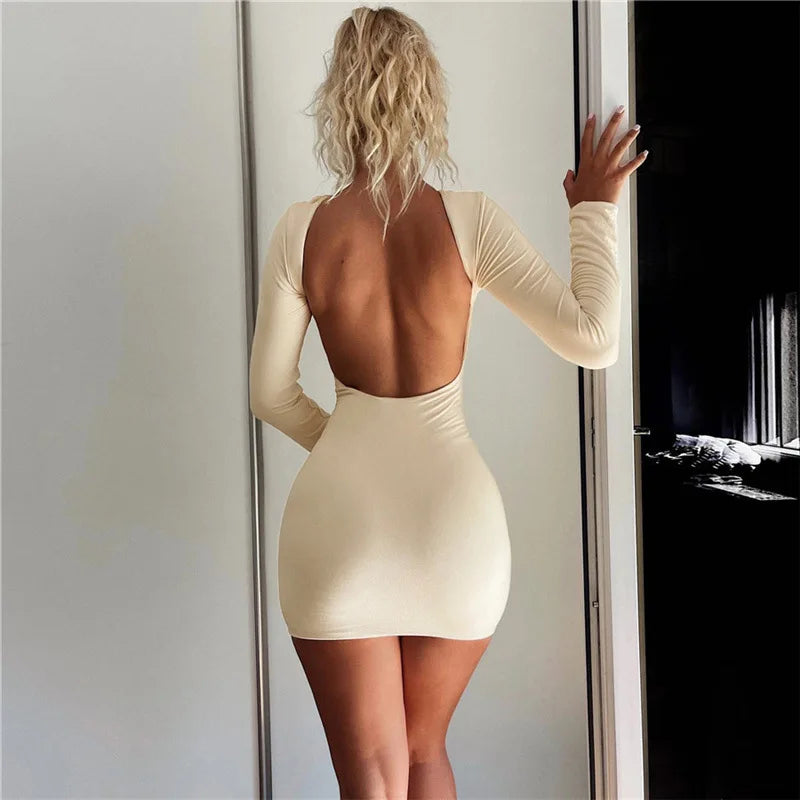 Zahlung Casual Mini Kleid Frauen Prägnante Klassische Backless Volle Hülse O-ansatz Grundlegende Weibliche Bodycon Straße Kleidung
