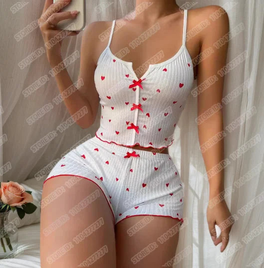Frauen Sexy Nachtwäsche Pyjamas Set Herz Druck Seide Fleck V-ausschnitt Ärmellose Sexy Dessous Casual Cami und Shorts Sets Loungewear