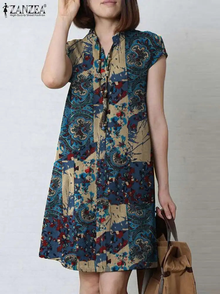 Zanzea Vintage Sommerkleid Sommer knielanges Kleid Frauen Kurzarm lässig Urlaub Kleider Bohemian Blumen gedruckt Vestidos Robe
