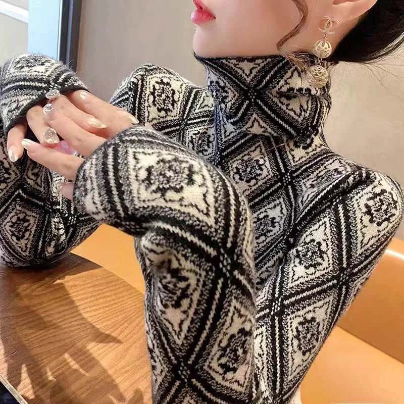 Frauen Kleidung Mode Rollkragen Argyle Stricken Pullover Herbst Winter Elegante Chic Schlanke Langarm Pullover Büro Dame Y2K Top