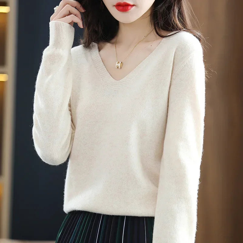 Herbst Winter Frauen Pullover 2025, Koreanische Mode Strickwaren Warme Lange Hülse V-ausschnitt Stricken Pullover Slim Fit Bodenbildung Shirt Jumper