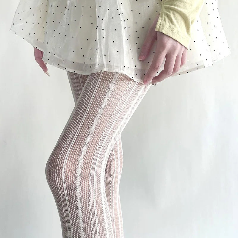 Female Vintage Fishnet Lace Pattern Tights Hollowed Rhombus Striped Geometric Jacquard Pantyhose Anti-pilling JK woman Legging