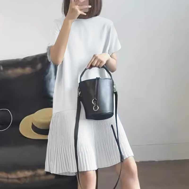 Zanzea lässig solide plissierte Kleid Frauen Sommer Kurzarm knielange Robe 2024 koreanische lose einfache Patchwork Vestido Overs ize