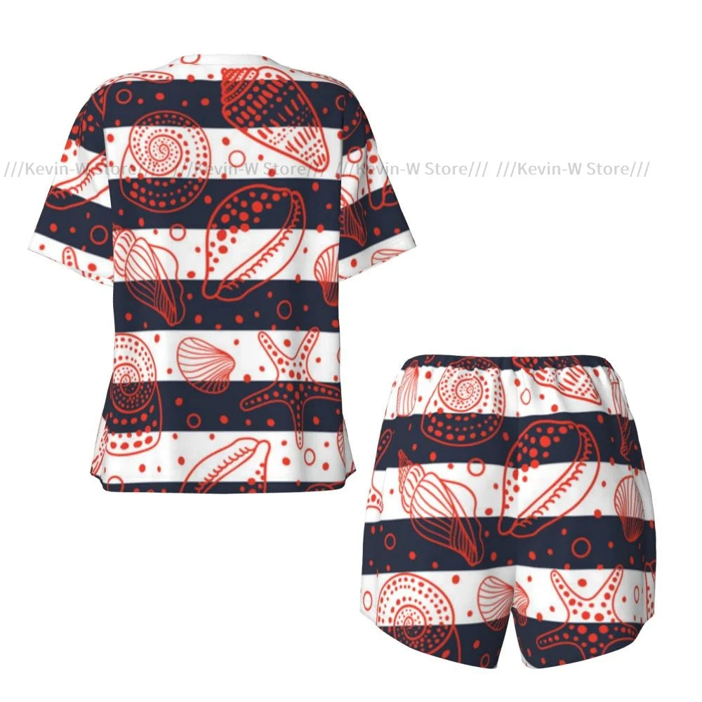 Damen-Pyjama-Set, kurzärmelig, nautisch, niedlich, gestreift, Marine-Muscheln und Fossilien, Nachtwäsche, Loungewear für Sommer-Nachtwäsche
