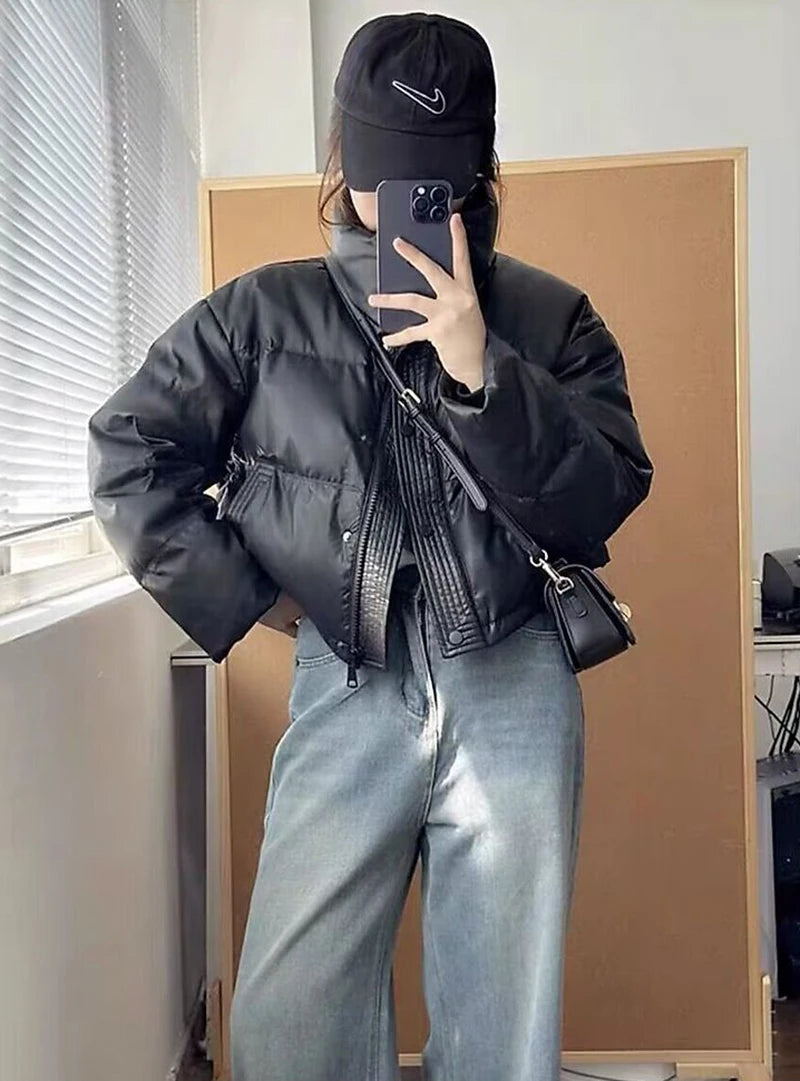 Winter Warme Dicke Parkas Frauen Neue Mode Lose Ernte Jacke Weibliche Schwarz Baumwolle Gepolsterte PU Leder Elegante Zipper Mantel Y2K Tops