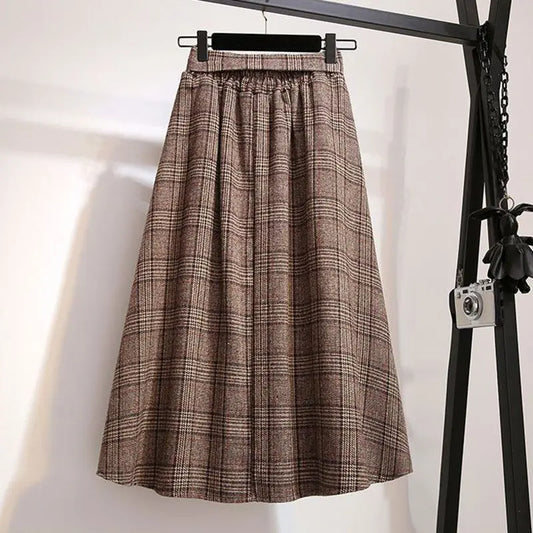 Khaki Plaid Vintage A-line High Waist Lace Up Buttons Loose Women's Skirt Mid-Calf Long Skirts For Women Clothing Fashion 2024.