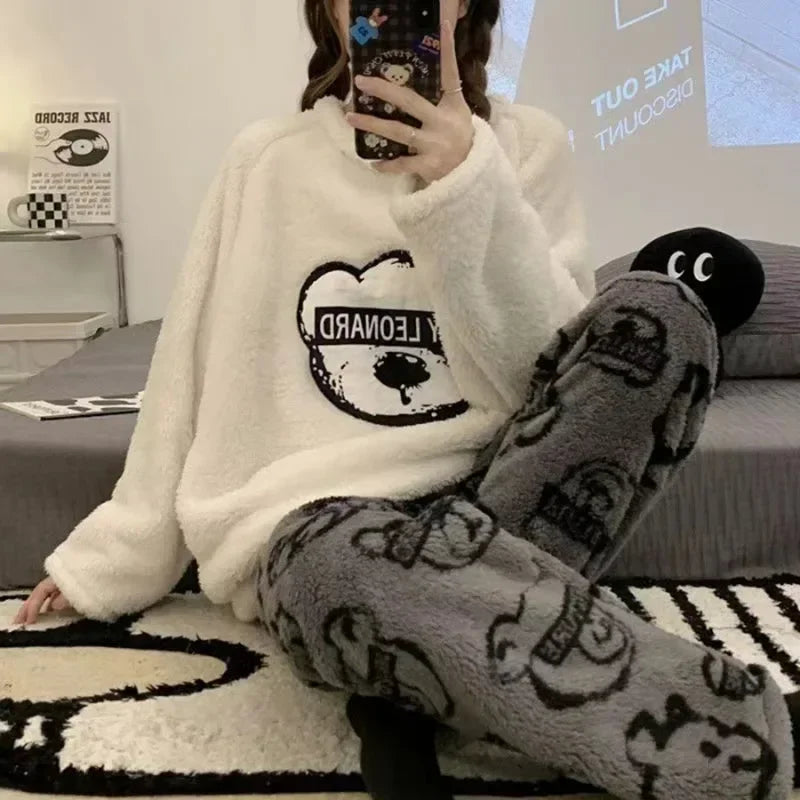 2 Teile/satz Verdickte Warme Flanell Plus Größe frauen Pyjamas Tops und Hosen Nachtwäsche Homewear Winter Cartoon Bär Nachtwäsche