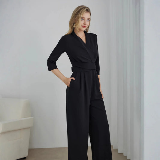 Elegant Pure Color V-Neck Sleeveless Wide Leg Jumpsuit Women's Spring Autumn Fashionable Comfortable Polyester One-Piece Suit.