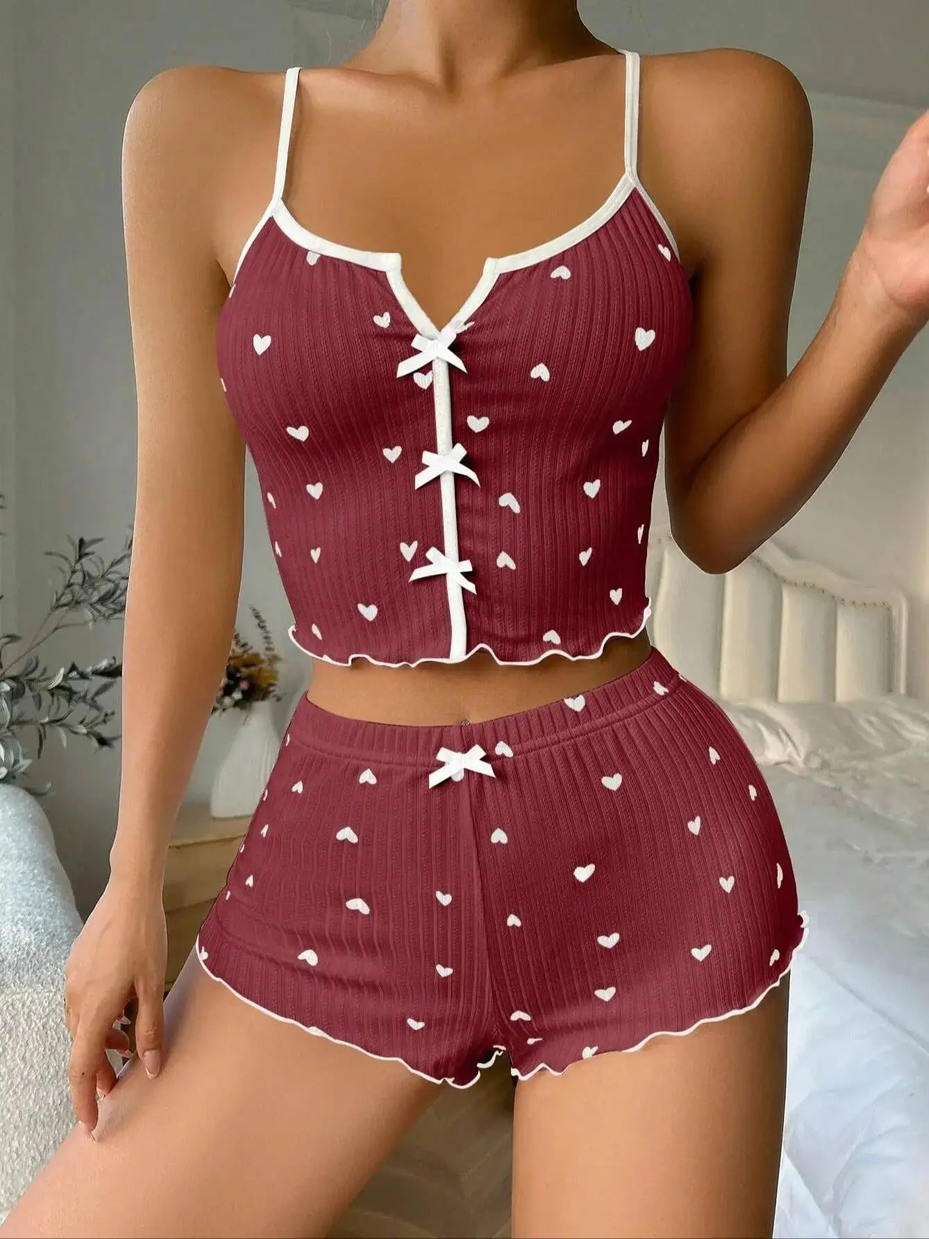 Sexy Nachtwäsche Frauen Pyjamas Set Herz Druck Seide Fleck V-ausschnitt Ärmellose Casual Cami Top und Shorts Sets Hause Anzug Loungewear
