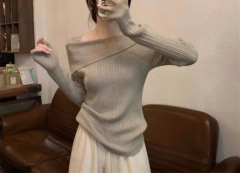 Solide Sexy Schlank Off Schulter Slash Neck Langarm Stricken Pullover Frauen Jumper Büro Mode Neue