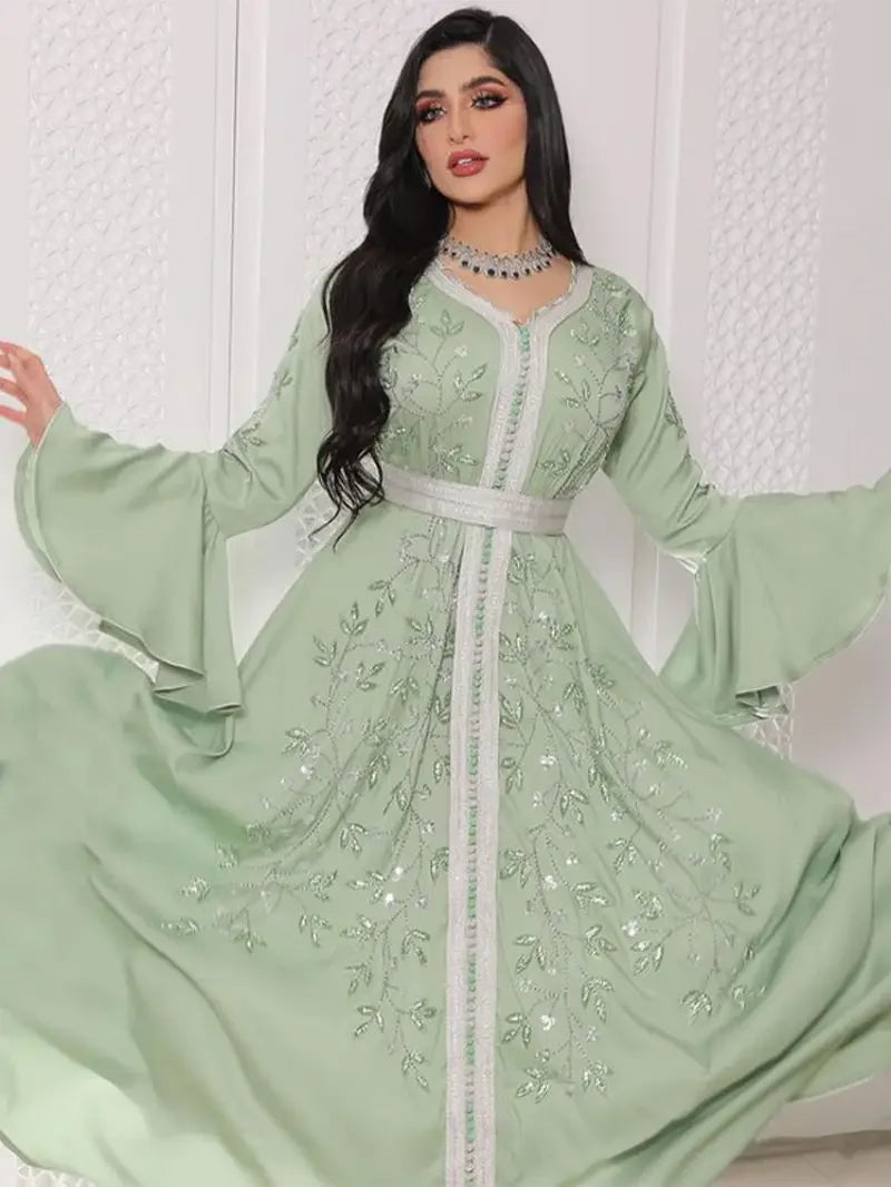 Indien Türkei Muslimischen Abaya Kleider Frauen Elegante Diamant Hochzeit Abend Party Kleid Spitze Gürtel Abaya Marokko Kaftan Robe