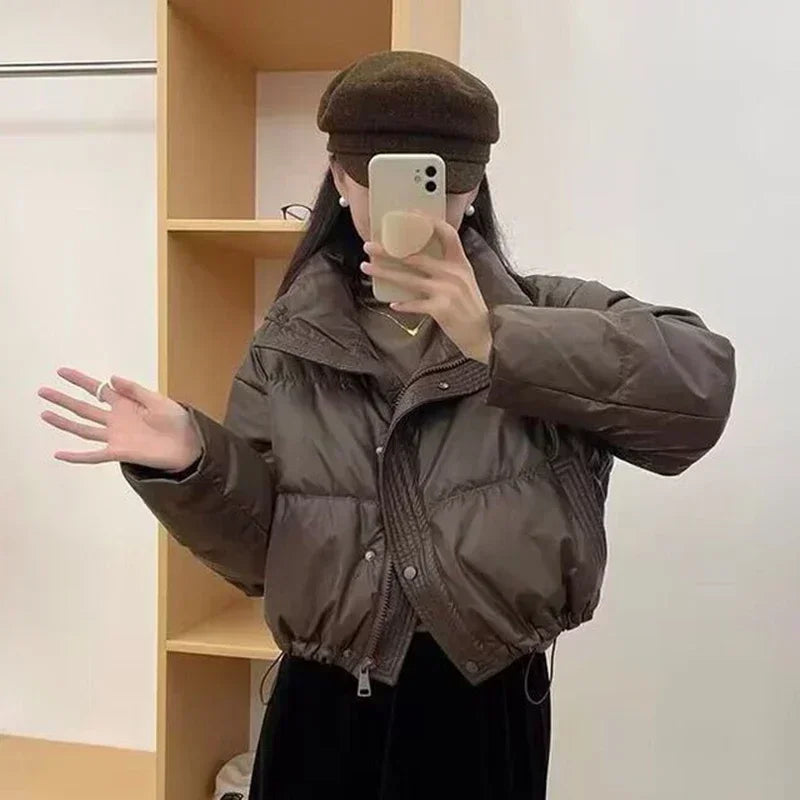 Winter Warme Dicke Parkas Frauen Neue Mode Lose Ernte Jacke Weibliche Schwarz Baumwolle Gepolsterte PU Leder Elegante Zipper Mantel Y2K Tops