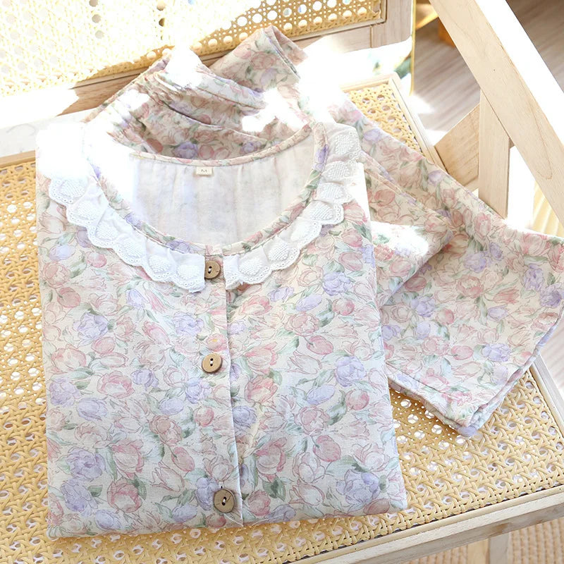 Spitzen-Design, Rundhals-Pyjama-Set aus Baumwolle, doppellagig, Gaze, für Damen, vier Jahreszeiten, dünne, langärmelige Hosen, Strickjacken, Kleidung