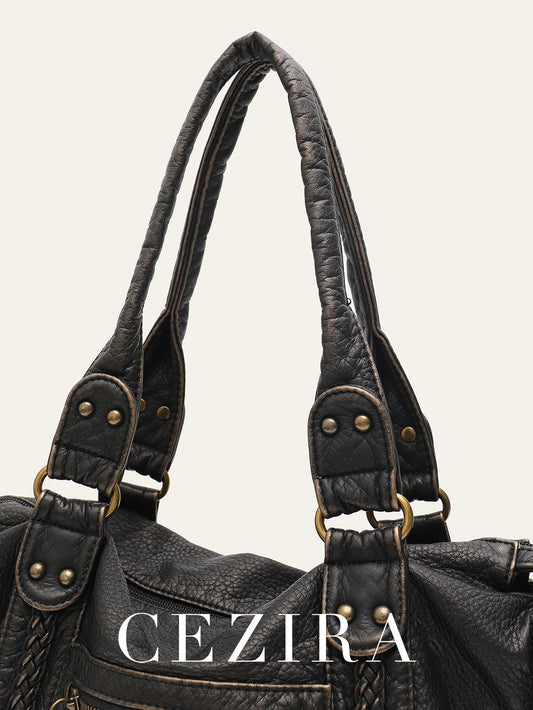 Vintage Washed PU Leather Large Capacity Tote Zip Pockets Braid Decor Shoulder Cross body Bag Unisex Women Daily Travel Handbag.