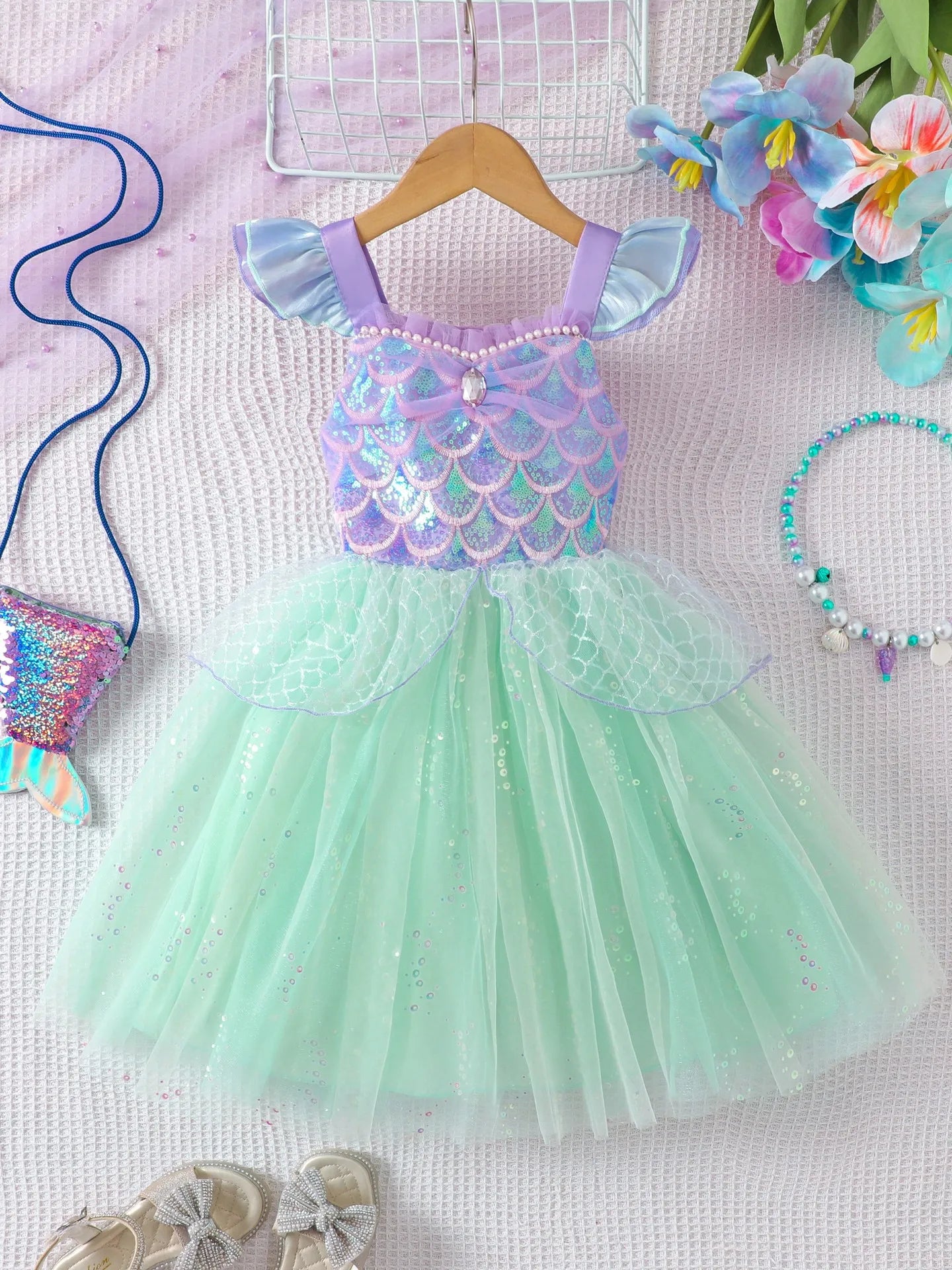 Mädchen Prinzessin Kleider Meerjungfrau Motto Party Sling Mesh Rock Pailletten Leistung Kostüm Geburtstag Kinder Kleidung Perle Säuglings Kleid