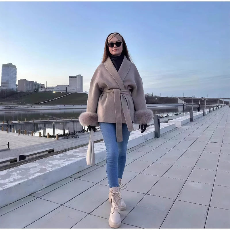 Frauen Mäntel Elegante Revers Plüsch Mit Gürtel Faux Pelz Hülse Tweed Offenen Mantel Weibliche 2025, Herbst Winter Mode Dame streetwear