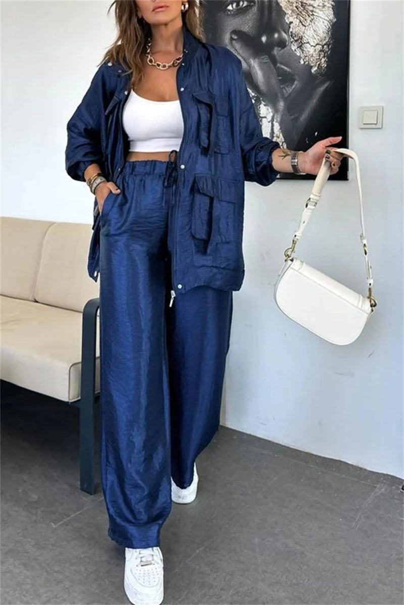 Streetwear 2 Piece Sets Women Outfit Spring Clothes Women 2025 Solid Pocket Jacket Top and Pant Sets Safari Style Tracksuits Set