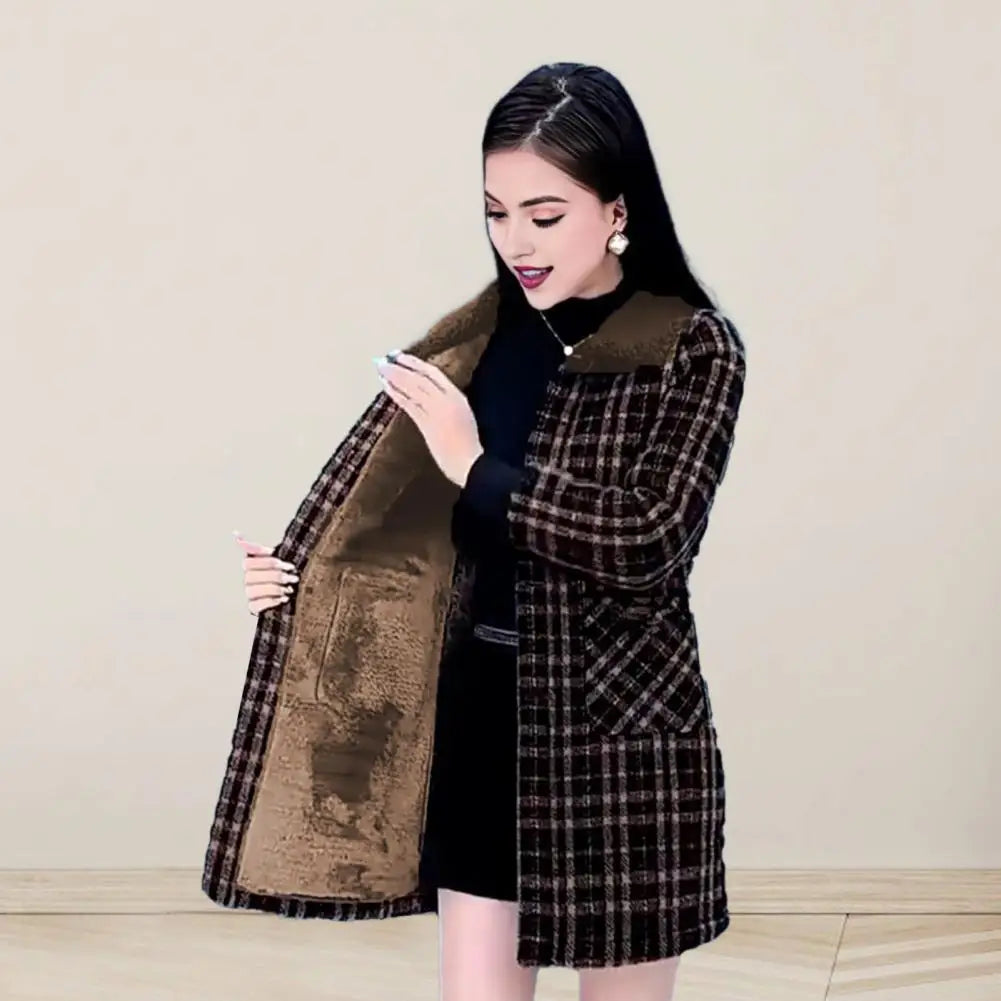 Frauen Plaid Mantel Karierten Winter Mutter Jacke Taschen drehen-unten Kragen einreiher Mid Länge Mantel Mid-aged frauen Mantel