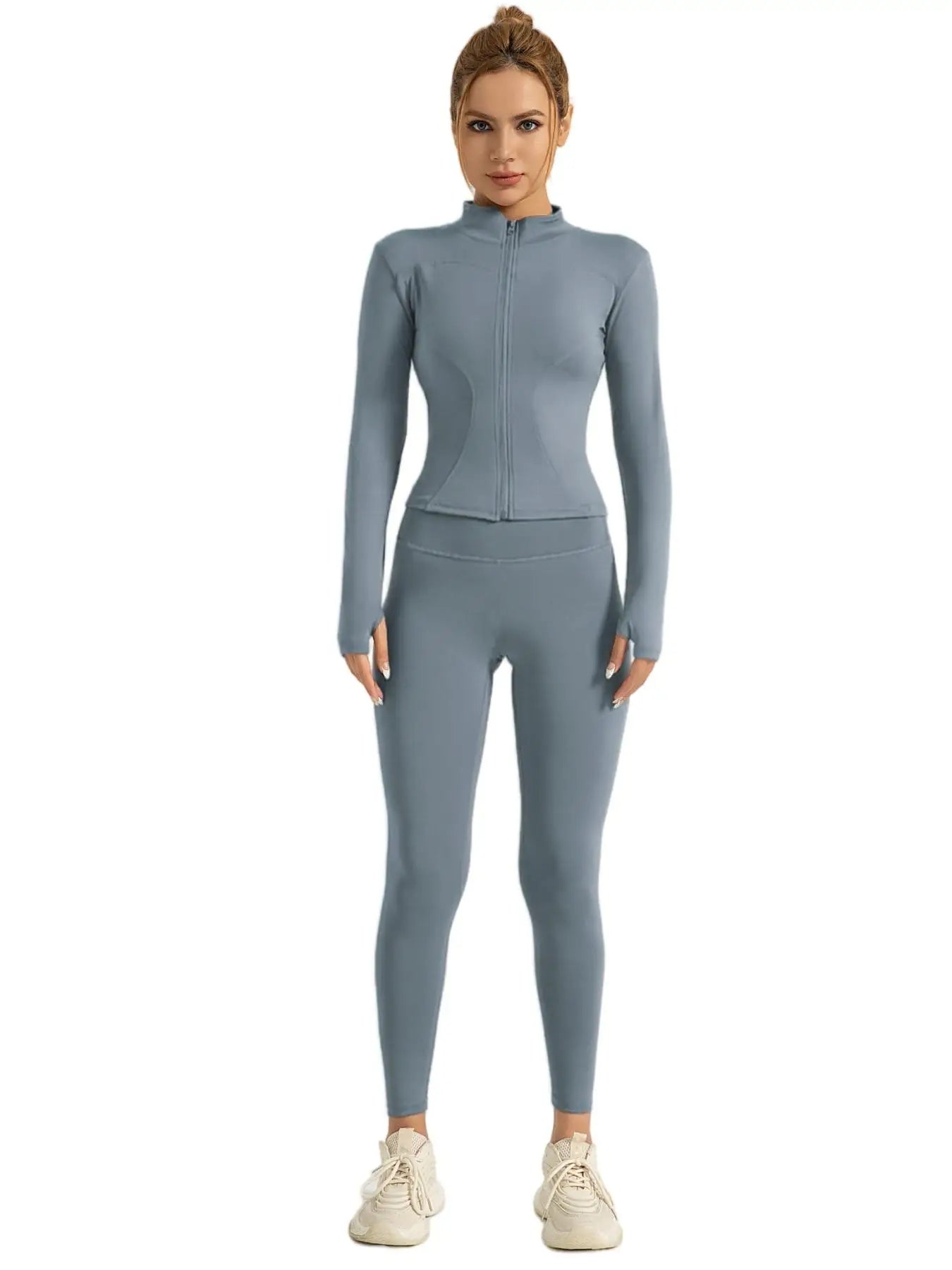 Fitfemme Two-piece Set Women's Solid Zip UpMock Neck Sports Jacket & HighWaist Leggings Set, SportyBreathable Quick Drying