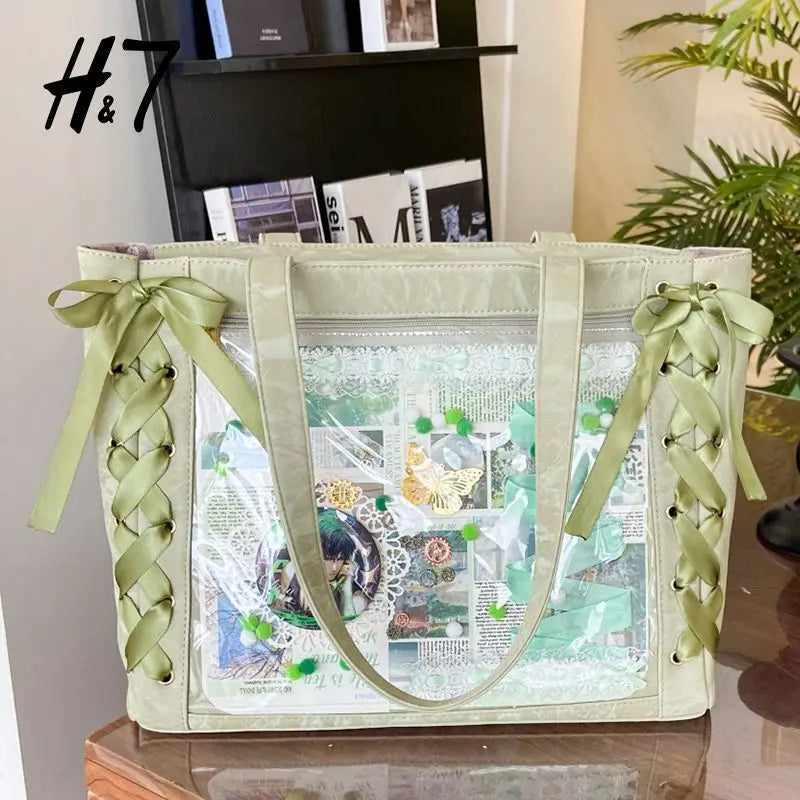 New Versatile Fashion Ribbon Itabag Large Capacity Green Large Food Anime Millet Bag Daily One Shoulder Tote Bag