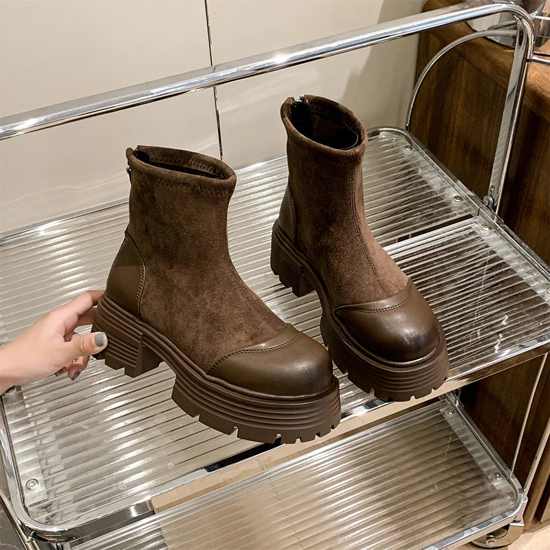 Vintage Platform Splicing Woman Ankle Boots Design Back Zippers Thick Sole Shoes 2025 Autumn Winter Short Botas Para Mujer.