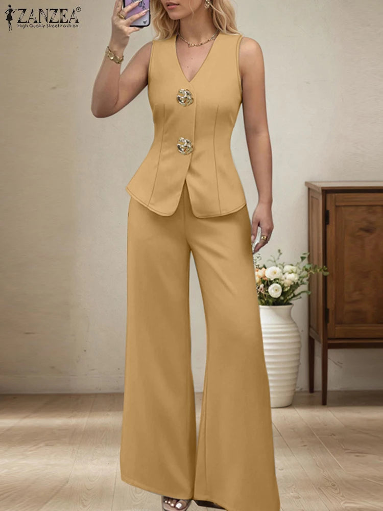ZANZEA 2025 Summer Outfits Women Fashion Matching Sets V Neck Sleeveless Tanks Tops Trousers Suit 2PCS Solid Work OL Tracksuits