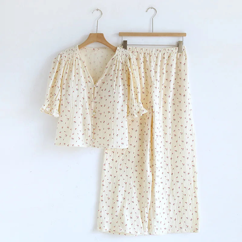 Damen Pyjama Nachtwäsche Baumwolle Nachtwäsche für Frau Sommer mit Brust polstern zweiteilige Blumen Pyjama-Sets Geschenk weiblich