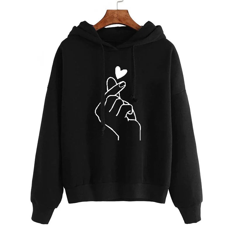 Herbst Fleece Hoodie Einfarbig Finger Herz Mit Kapuze Koreanische Mode Sweatshirts Langarm Top Kordelzug Taschen Lose Hoodies