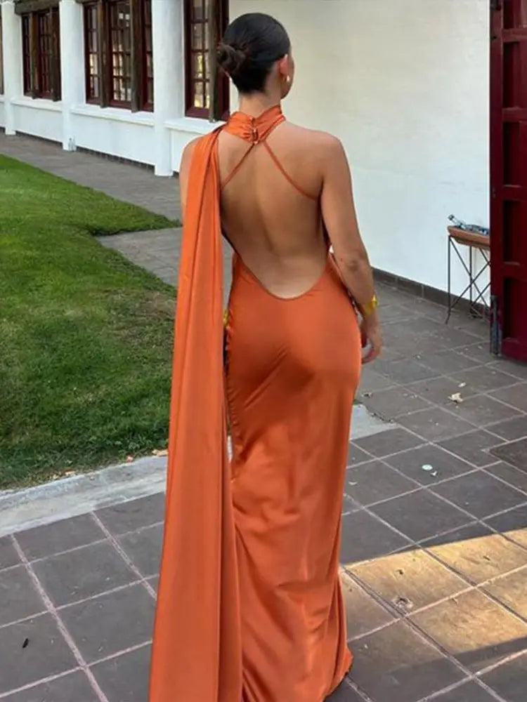 Band hängenden Hals lange Kleider schräg Schulter schnüren rücken frei seidig Satin Temperament Slim Fit Neck holder Frau Fischschwanz Kleid