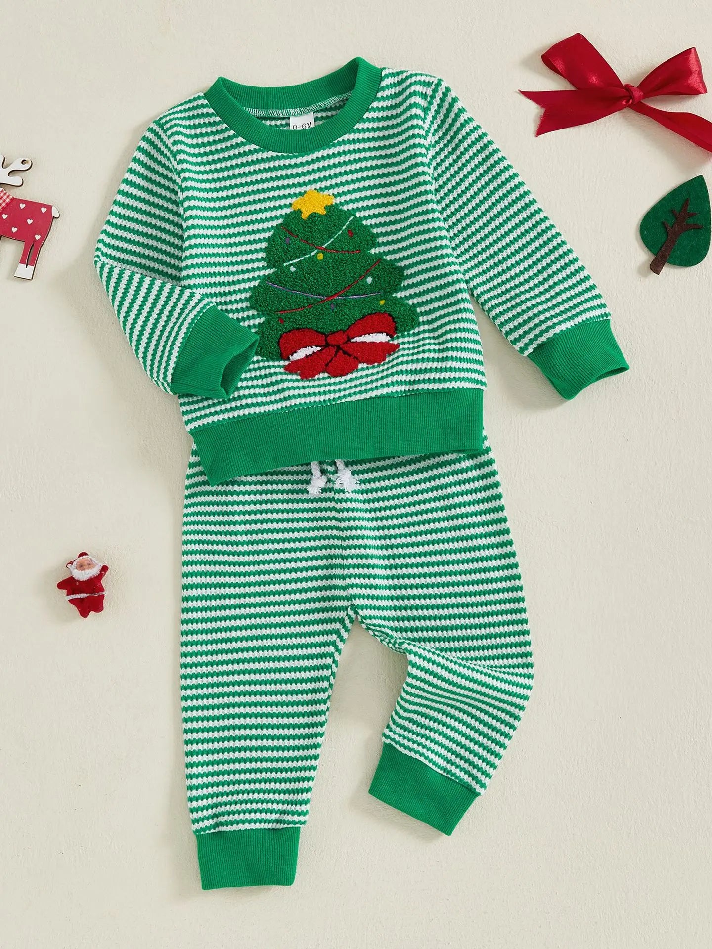 Weihnachts-Baby-Kleidung aus Baumwolle, 2-teiliges Set, 0–3 Jahre, gestreiftes Sweatshirt und Hose für Kleinkinder mit besticktem Weihnachtsbaum-Outfit