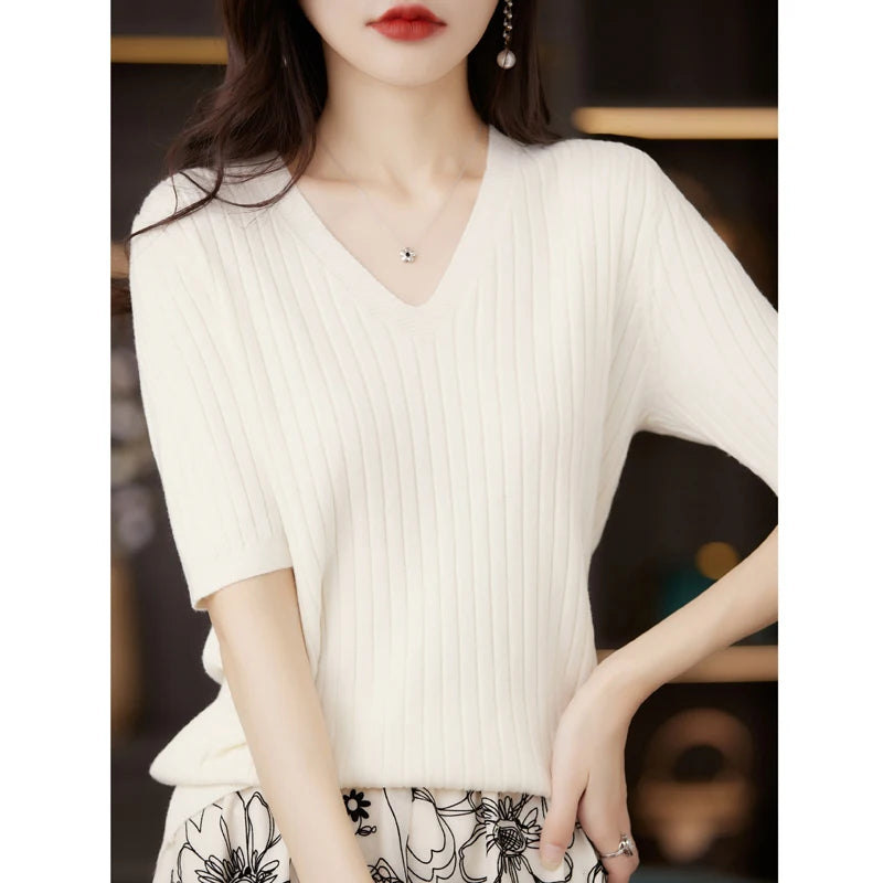 Frauen Pullover Frühling Sommer Kurzarm V-ausschnitt Strick Hemd Casual Koreanische Pullover Streifen Bodenbildung Shirt Slim Fit Jumper