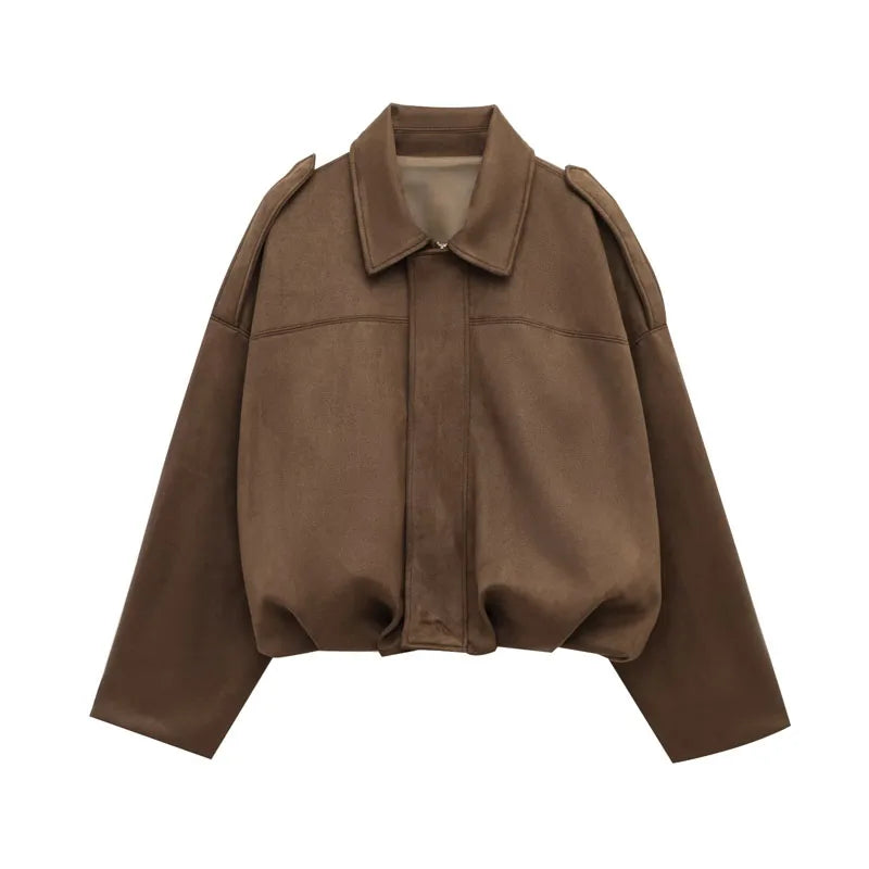 TRAFZA Damen-Jacke mit Wildleder-Textur, High Street, lange Ärmel, Umlegekragen, elastischer Reißverschluss, Knopfleiste, solider, trendiger Frühlingsmantel