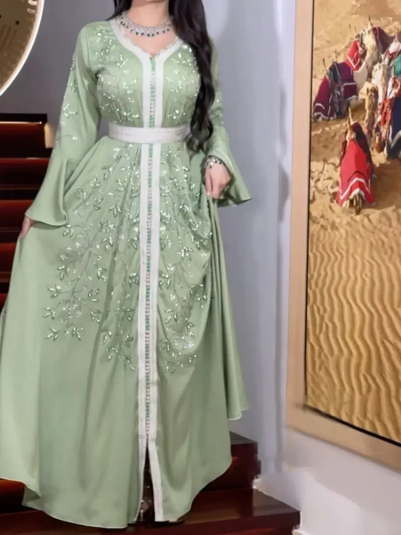 Indien Türkei Muslimischen Abaya Kleider Frauen Elegante Diamant Hochzeit Abend Party Kleid Spitze Gürtel Abaya Marokko Kaftan Robe