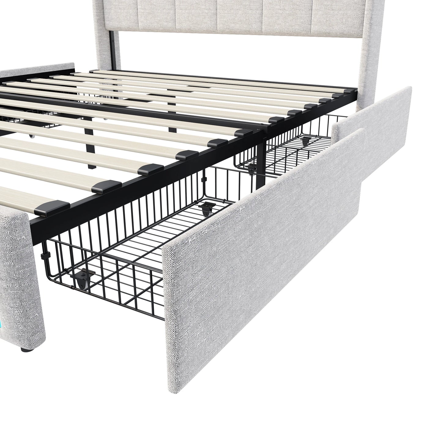 Lazyspace Leinen-Polsterbett, Bettrahmen mit Stauraum, 4 Schubladen, LED-Lichtleiste und USB-Aufladung vom Typ C