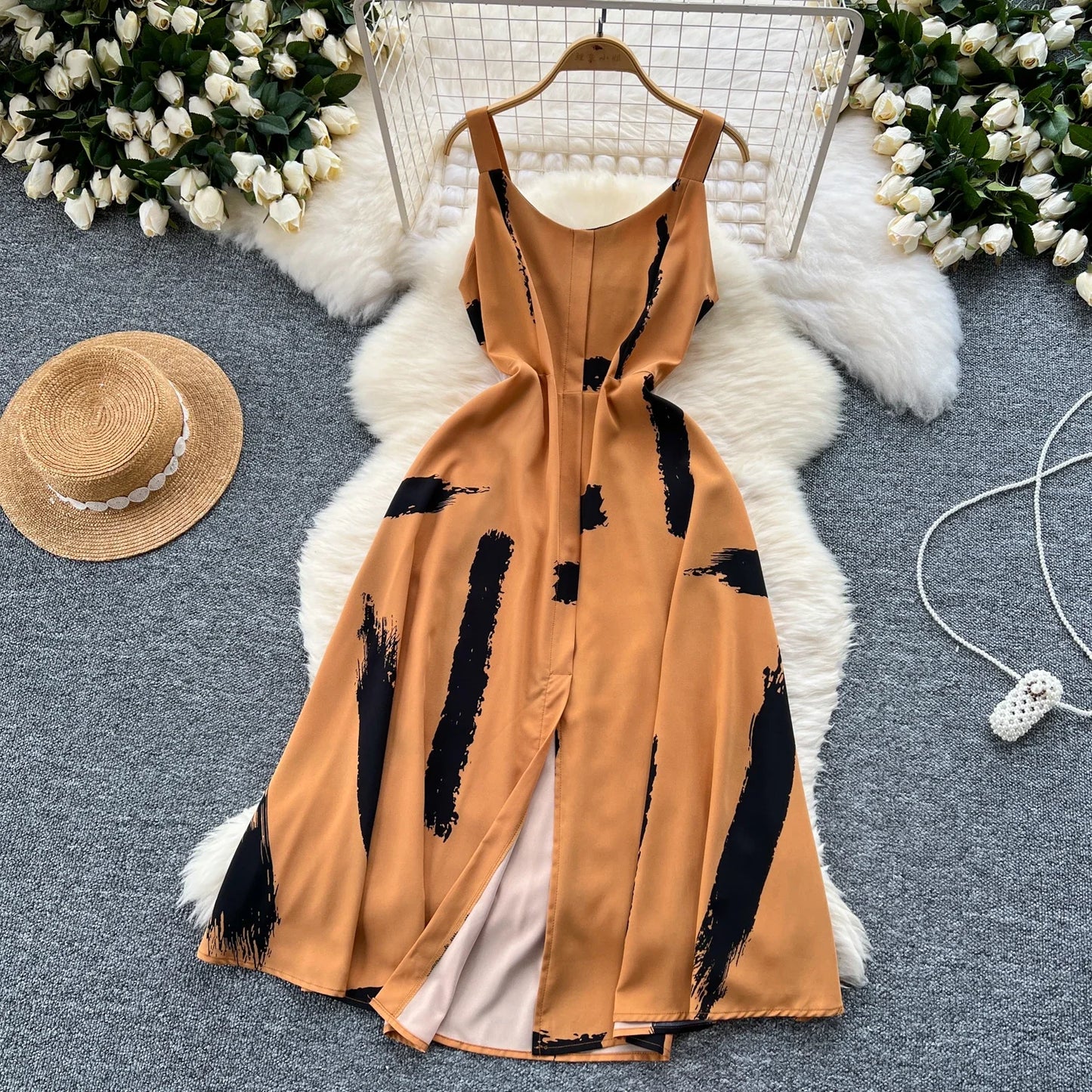 Neue Sommer Druck Süße Kleid Träger O Neck Backless Split Elegante Damen Urlaub Strand Party Midi Sommerkleid