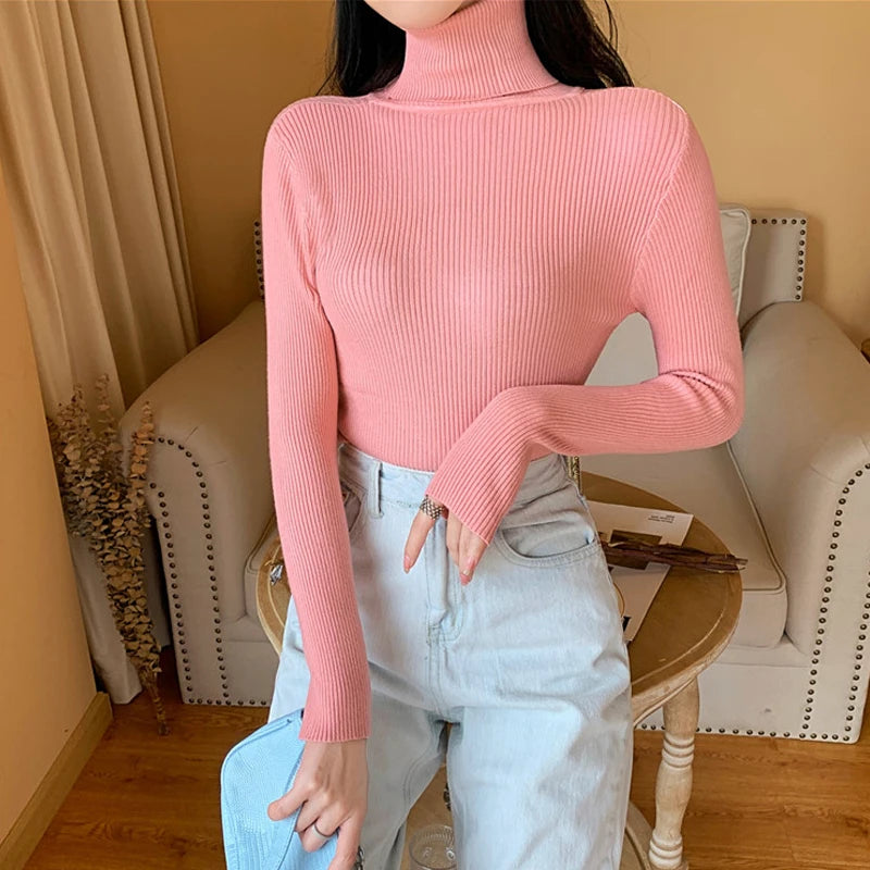 2023 herbst Winter Frauen Langarm Gestrickte Foldover Rollkragen Rippen Pull Pullover Weiche Warme Femme Jumper Pullover Kleidung