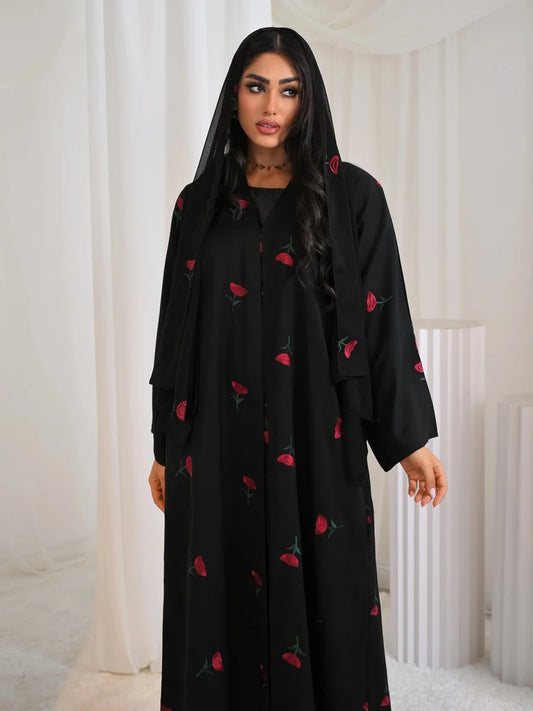 Women Middle East Arabic Dubai Abaya Luxury Rose embroidery Kimono Cardigan Long Dress Modest Robe Femme Islam Clothing Kebaya.