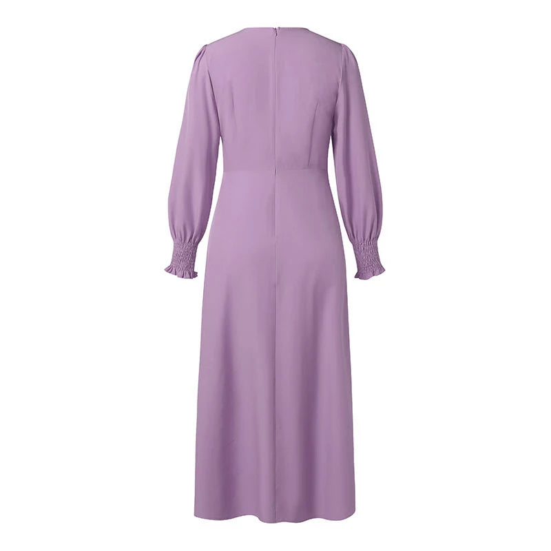 ZANZEA Elegantes Damen-Plisseekleid, edel, gesmokte Bündchen, langärmelig, O-Ausschnitt, Fit und Flare, lang, Vestidos, Pendeln, solide Party-Roben
