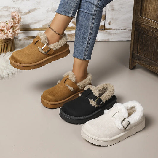 New 2025 Winter Women's Boots Plush Fashion Retro Bean Shoes Cotton Women's Flat Sole Slippers Platform Women Boots.