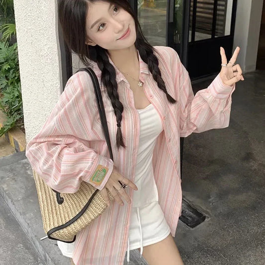 Pink Striped Shirt Women Korean Style Loose Long Sleeved Button Up Blouse Ladies Autumn New Wild Streetwear Casual Shirts 2025.