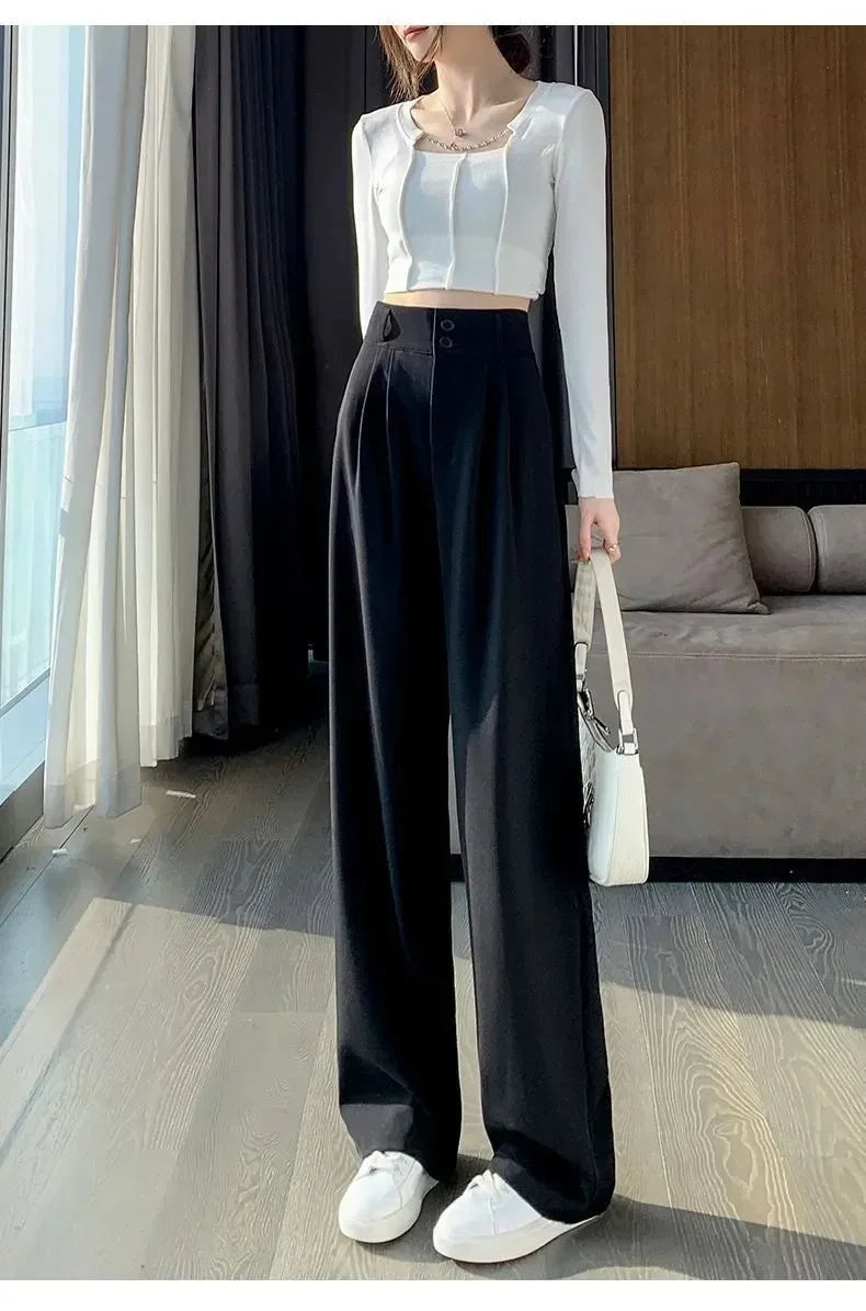 Elegante Breite Bein Hosen Frauen Koreanischen Stil Hohe Taille Schwarz Baggy Hosen Büro Damen Mode Lose Anzug Hosen Streetwear
