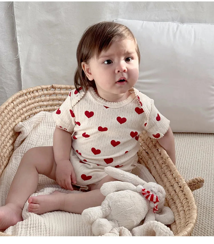0-24M Baumwolle Baby Mädchen Strampler Herz Druck Nette Prinzessin Body Sommer Neugeborenen Kind Baby Kleidung Kurzarm outfit