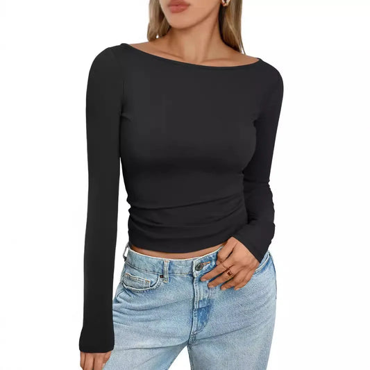 Summer Spring Slim-fitting Women's Clothing New One-neck Long-sleeved T-shirt Blouse Top Skinny Solid Color Tee.
