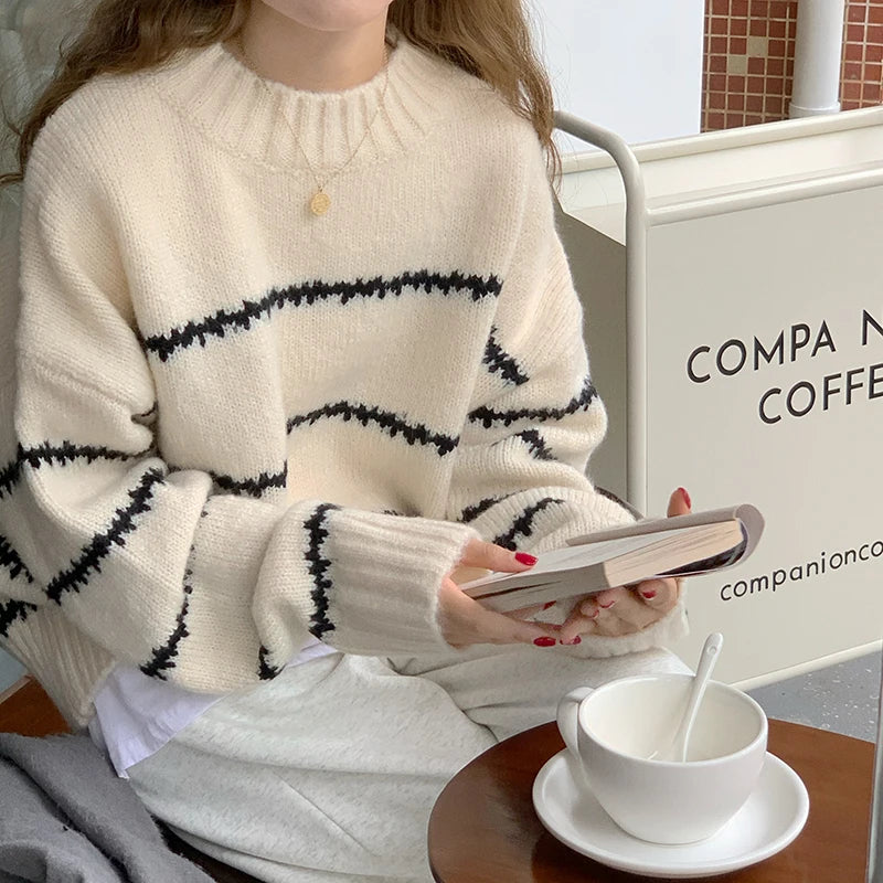 Herbst Winter Gestreiften Pullover Pullover Frauen Gestrickte Shirts Lange Hülse Lose Mock Neck Outwear Casual Pullover Tops Strickwaren