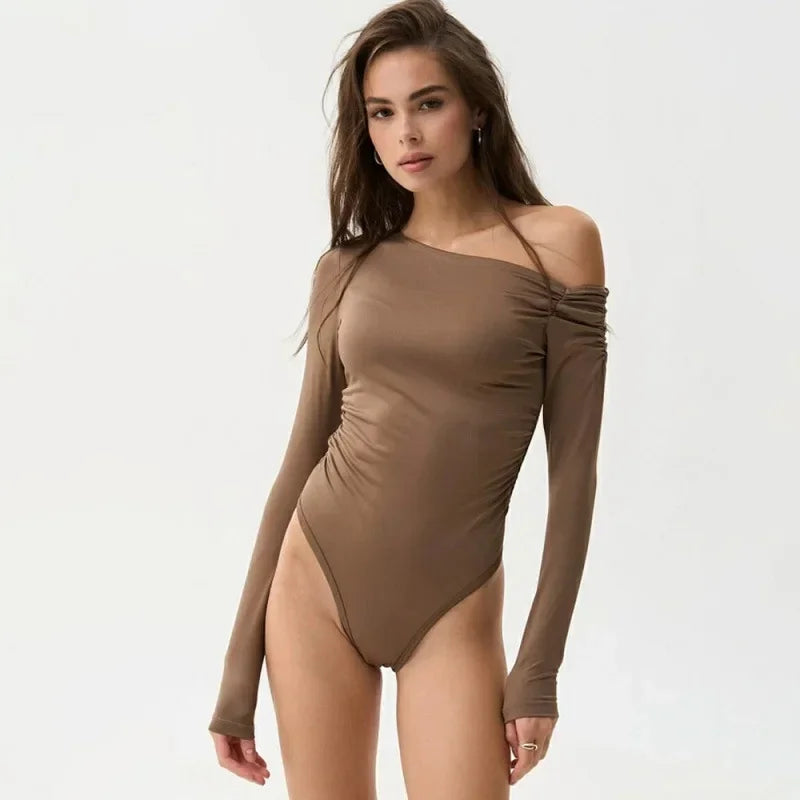 Fashionable Long Sleeve One Shoulder Pleated Romper Base Shirt T Shirt Women's Clothing Elegant Slim Fit Overall Fashionable Bas