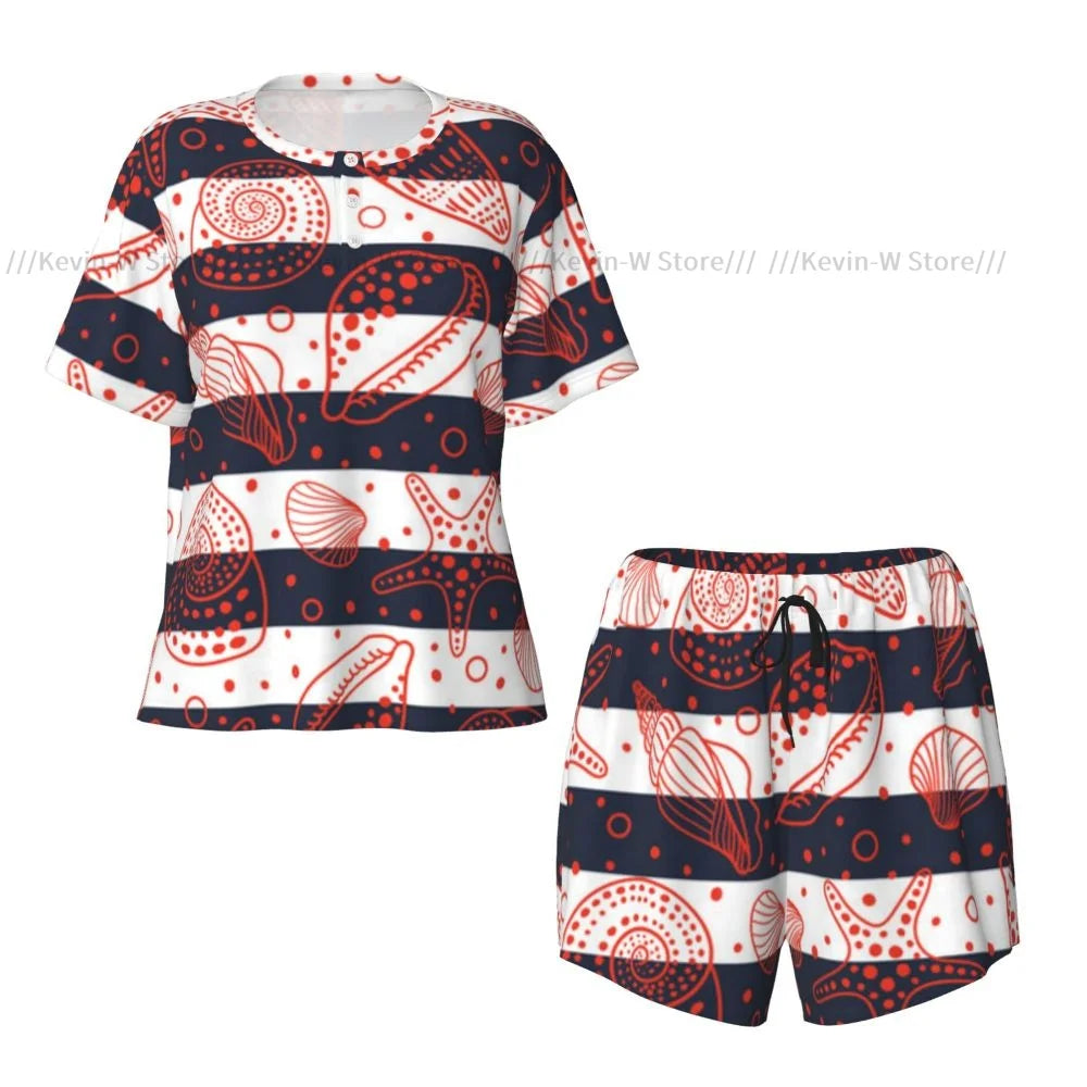 Damen-Pyjama-Set, kurzärmelig, nautisch, niedlich, gestreift, Marine-Muscheln und Fossilien, Nachtwäsche, Loungewear für Sommer-Nachtwäsche
