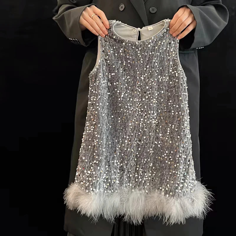Pailletten Mädchen Prinzessin Kleid Grau Rundhals Ärmellose Feder Weste Kleid Kinder Geburtstag Party Kleid Performance Kleid