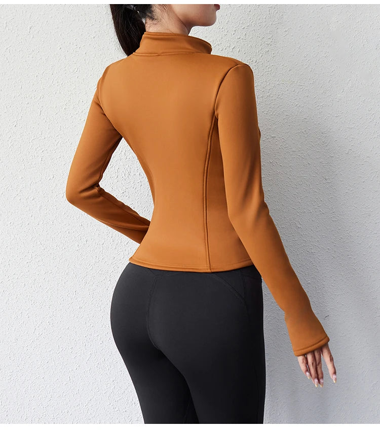 Damen Winter-Fleece-Yoga-Jacke mit durchgehendem Reißverschluss, langen Ärmeln, Workout, Activewear, Sport-Fleece-Yoga-Jacke mit Daumenloch