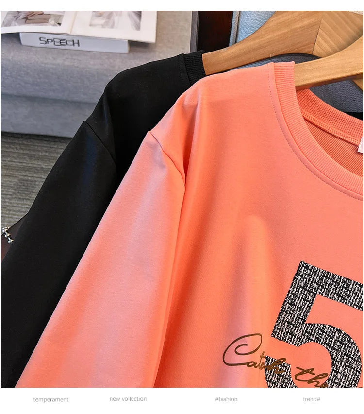 175kg plus size Damen büste Frühling Herbst loser Rundhals ausschnitt bedrucktes Langarm-Sweatshirt schwarz orange 5xl 6xl 7xl 8xl 9xl